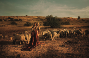a woman surrounded by sheep